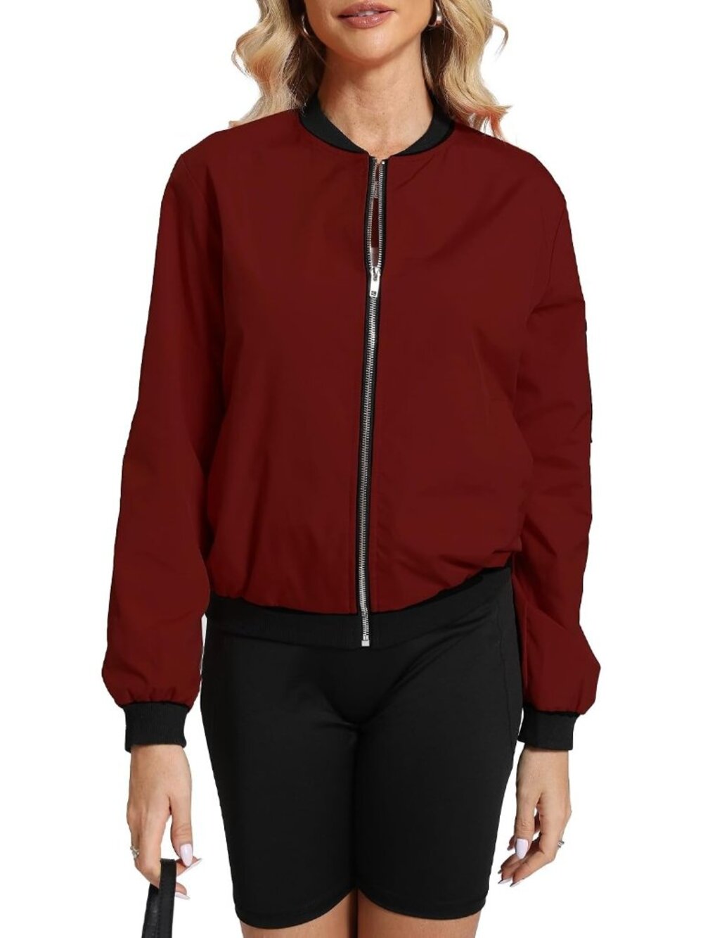 Women Marron 100% Polyester Zip-Up Shawl Collar Pocket Windbreaker Bomber Jacket